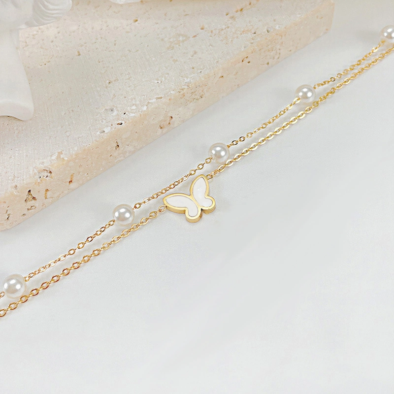 Fashion Gold Plated Bracelet Jewelry Double Layer Fresh Water Pearl Butterfly Anklet