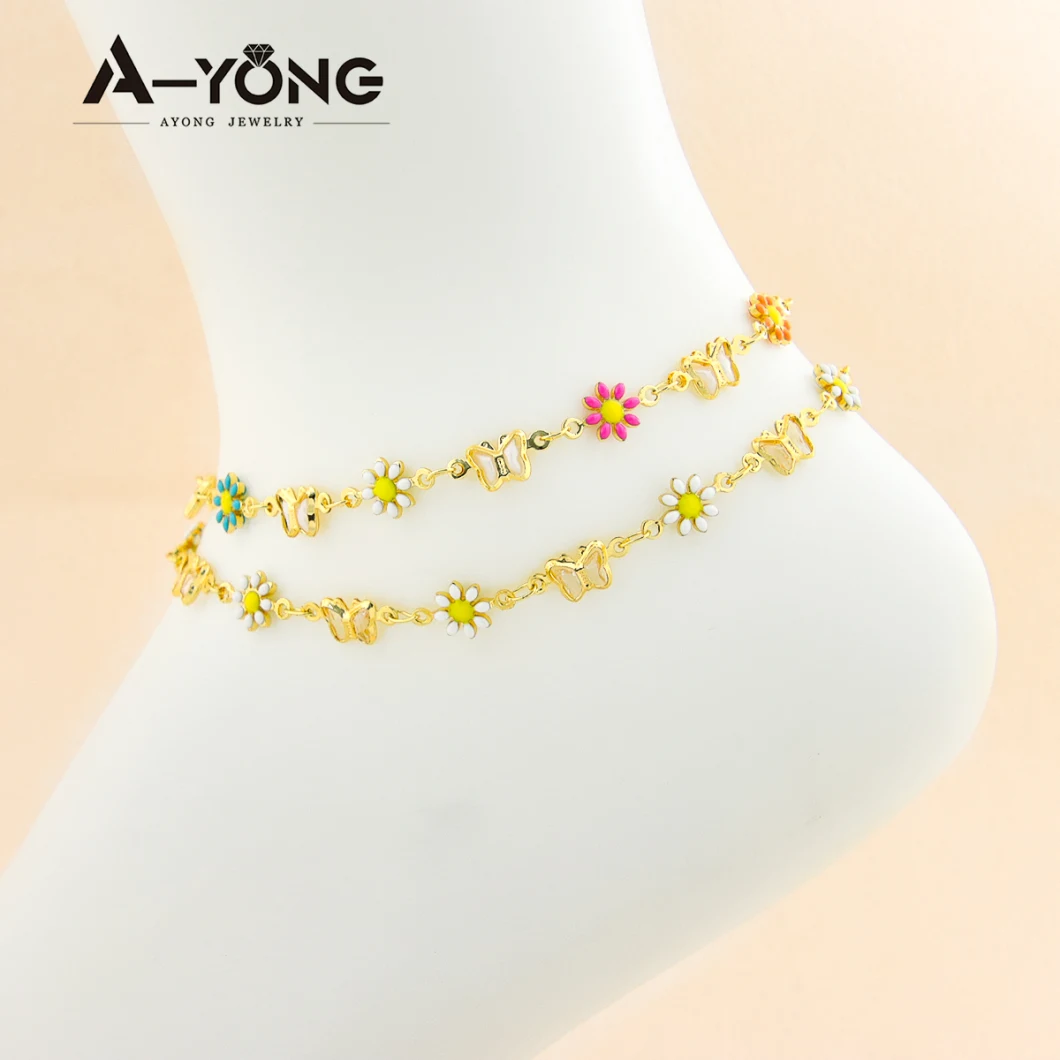 Foot Chain Jewelry Handmade Copper Body Jewelry Flower Butterfly Anklet Women′s 18K Gold Plated Anklets